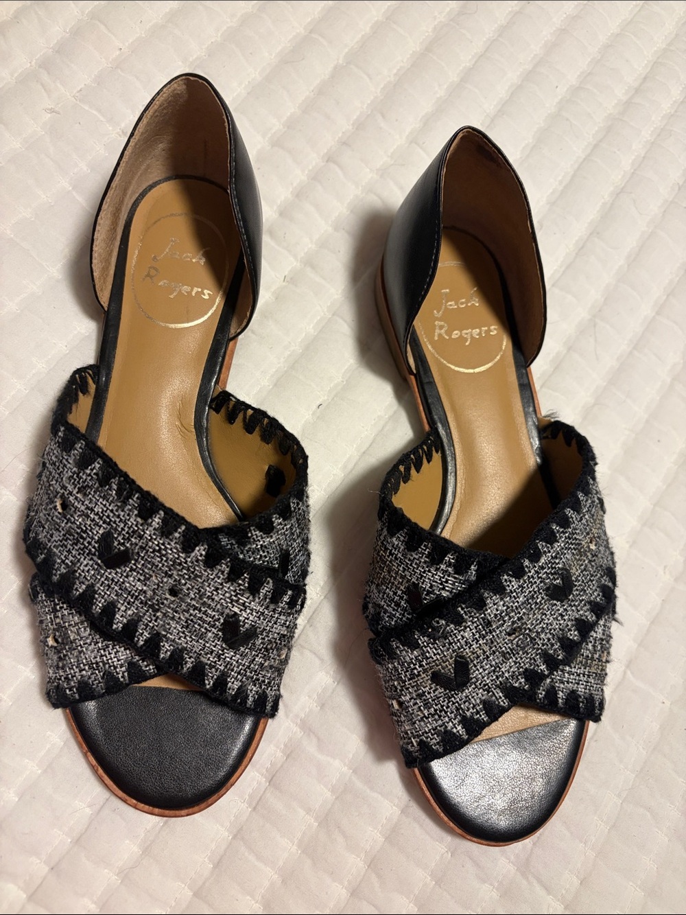 Jack Rogers Black & Gray Tweed Cross-Band Open-Toe Mules